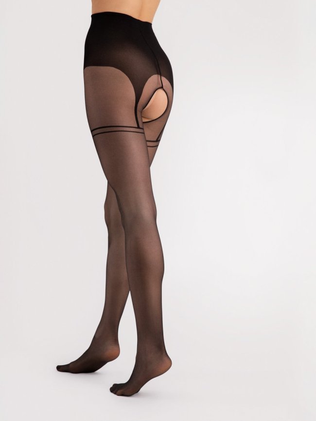 Fiore Delight Collant Sexy Ouvert Noir Imitation Bas Porte Jarretelles Taille 2 3 4 5
