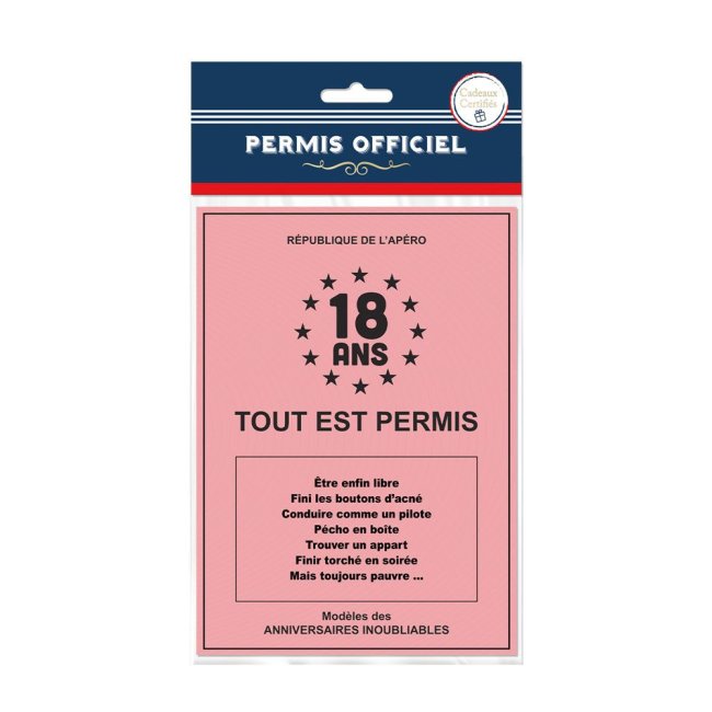 Carte à offrir 18 ans Permis de la majorité