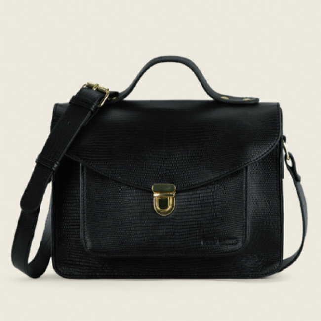 Sac à main bandoulière cuir noir Mademoiselle George 1960 - Holala