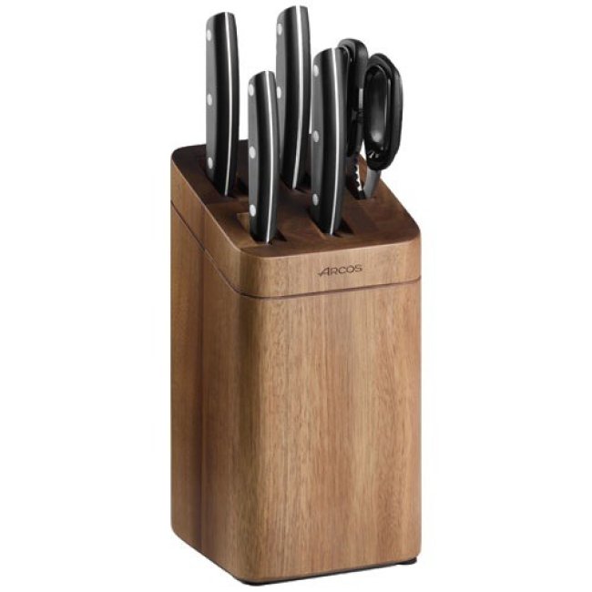 Bloc Couteaux Cuisine Bois d'Acacia Signature ARCOS Ibiza — Set 4 Couteaux Inox NITRUM® + Ciseaux de Cuisine