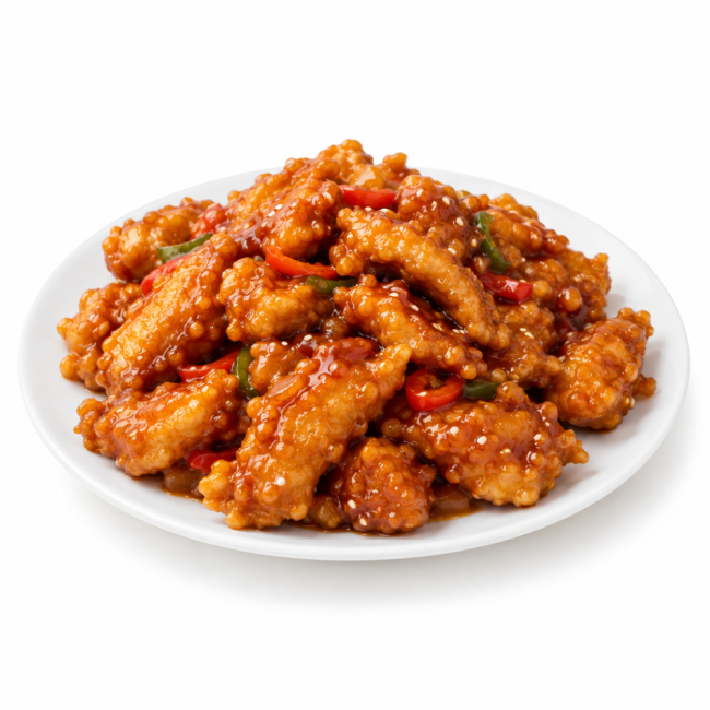 Émincé de poulet croustillant sauce sucré salé